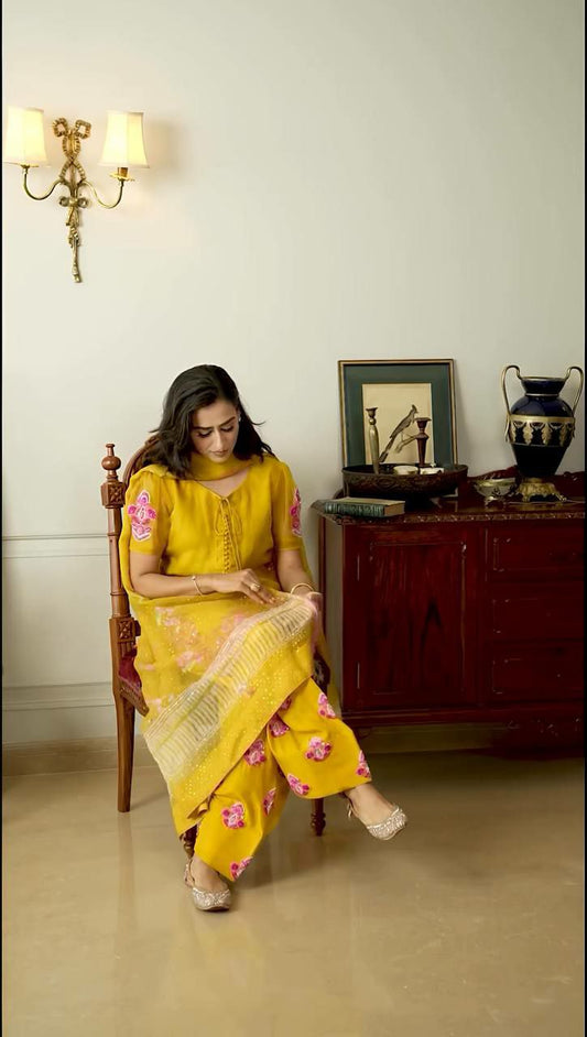 Natural Crepe Silk And Embroidery Siquence Work With Less Border With Elastic Farshi Pent Type Dress