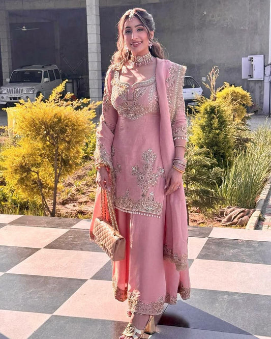 Heavy Pure Chinon And Heavy Micro Cotton Embroidery Sequence With Fully Flair Sharara Palazzo
