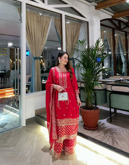 Chinon Silk With Micro Silk Inner And Embroidery Sequence Work Sharara Dress