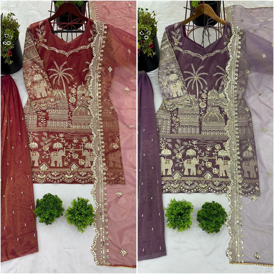 Twill Net With Beads Work With Elastic And Embroidery Sequence Work With Lace Border Top & Palazzo