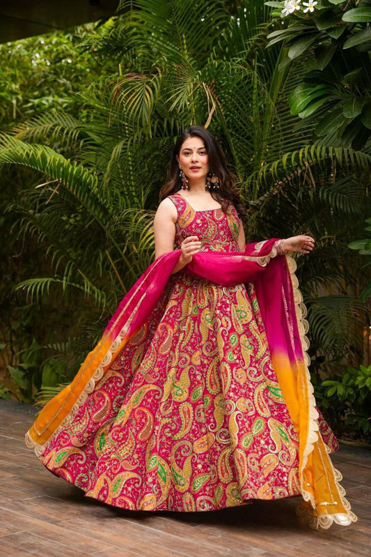 Digital Printed Jimmy Organza Silk Suit With Huge Flair And Designer Lace Border Dupatta Type Anarkali Gown