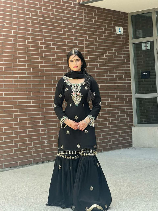 Heavy Chinon Silk With Heavy Micro Cotton And Embroidery Sequence Work And Heavy Lace Work Sharara Palazzo Dress