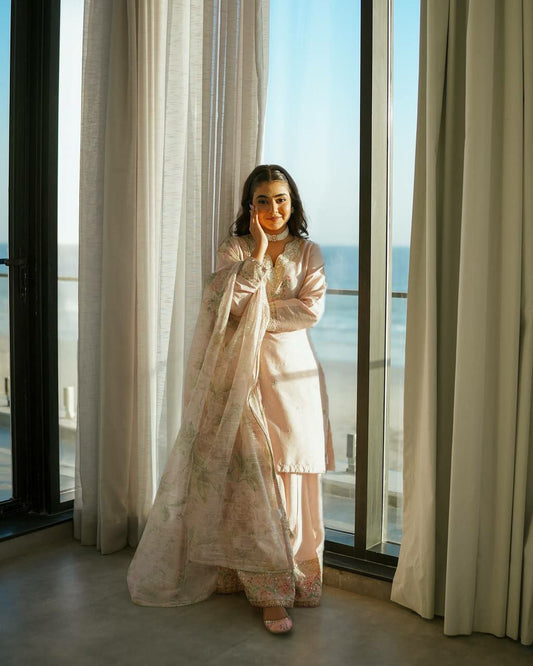 Pure Natural Crepe With Embroidery Sequence Work With Sleeves With Elastic Palazzo Dress