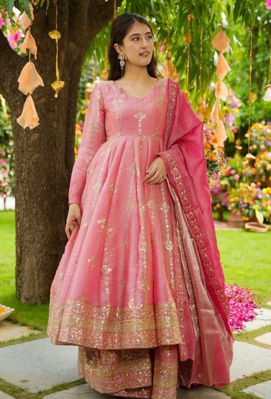 Heavy Crunchy Silk With Heavy Embroidery Sequence Work With Fully Flair Gown