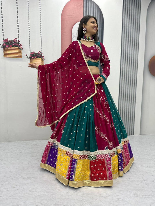 Fox Georgette With Embroidery Thread & Sequence Work With Ribbion Lace And Lumpi Lace Border Lehenga Choli