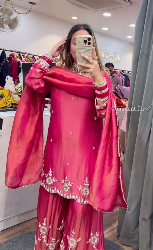 Heavy Simmr Silk With Sequence Embroidery Work With Fully Flair And Fancy Borders Work Dupatta Type Palazzo Dress