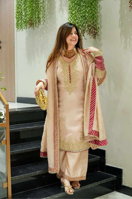 HEAVY CHINON SILK WITH EMBRODARY WORK AND MOTI WORK WITH ELASTIC BOTTAM TYPE DRESS