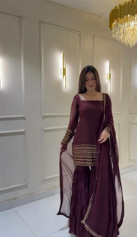 Heavy Georgette Embroidery Sequence Work & Heavy Micro Cotton With Fully Ruffle Flair Sharara Palazzo Dress