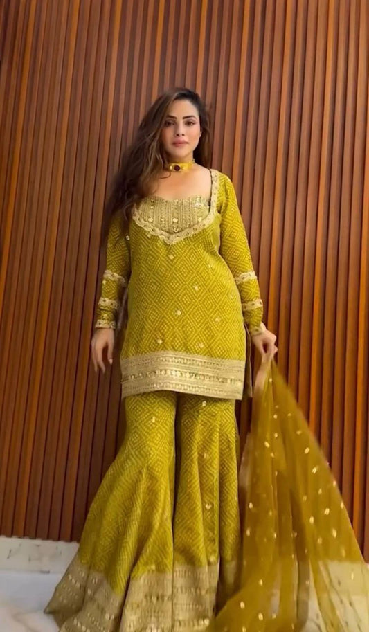 Pure Chinon Silk With Degital Print And Embroidery Sequence Work With Elastic Palazzo Dress