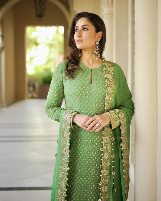 HEAVY FAUX GEORGETTE WITH ATTRACTIVE & BEAUTIFUL EMBROIDERY SEQUENCE AND THREAD WORK PALAZZO KURTI