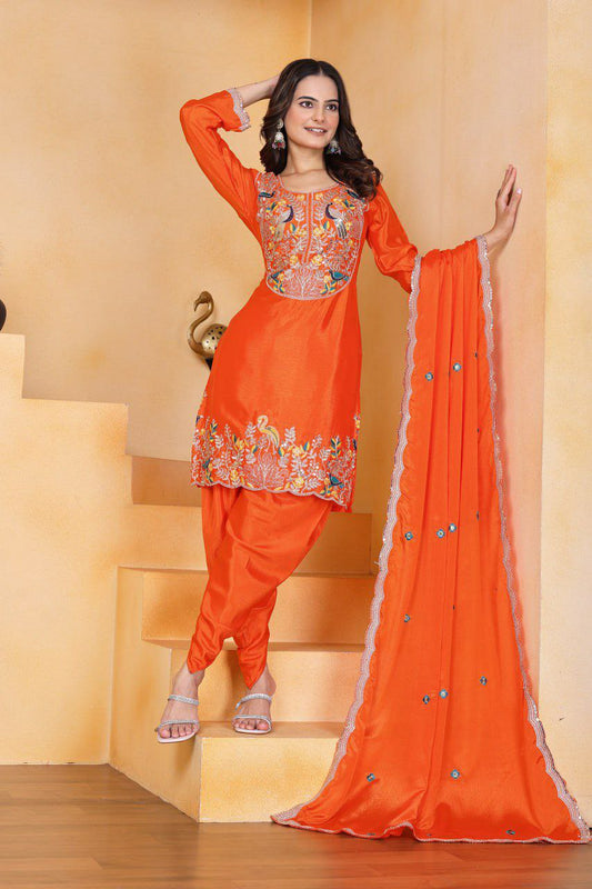 Chinon Silk And Heavy Embroidery Coding Sequence Work With Elastic Dhoti Salwar