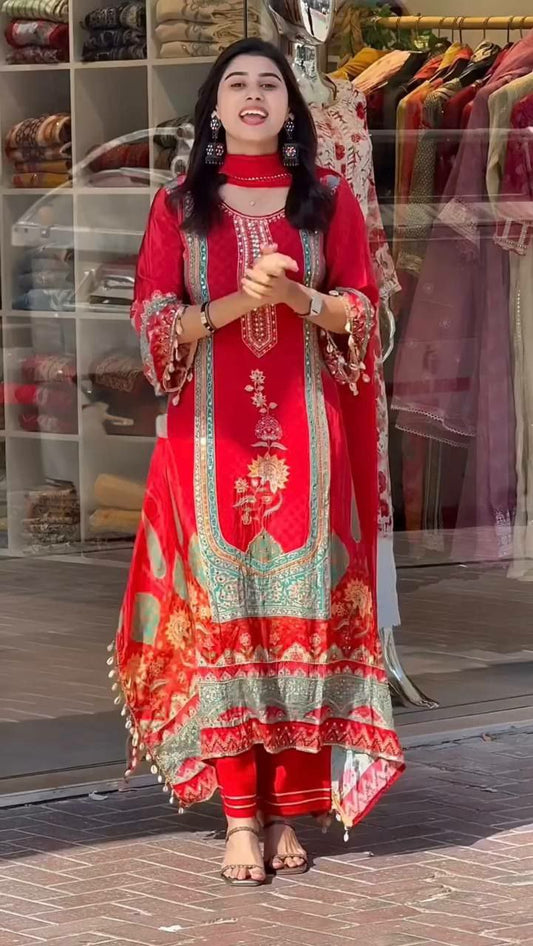 HEAVY FAUX GEORGETTE AND FANCY DIGITAL PRINT WITH REAL MIRROR & FANCY LACE GOTA PATTI LESS PALAZZO DRESS