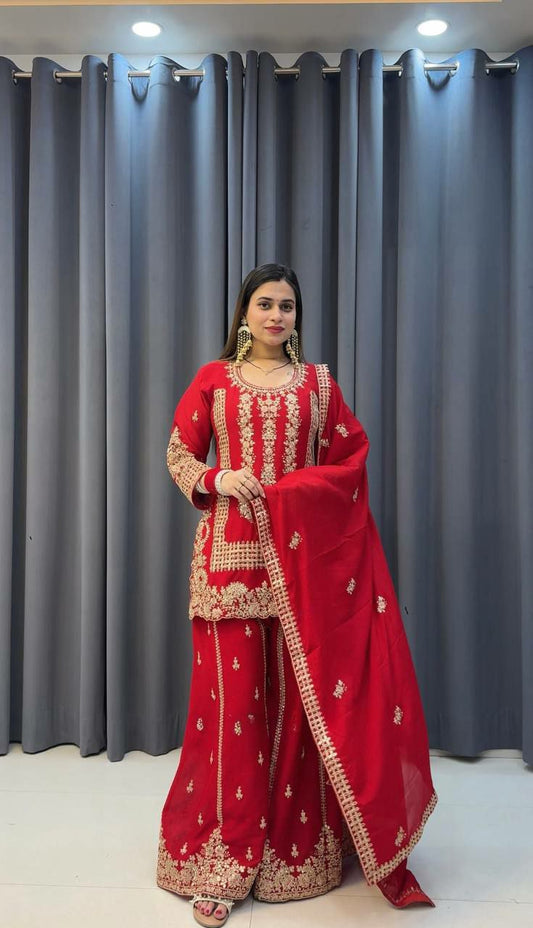 Heavy Blooming Faux Georgette With Heavy & Fancy Embroidery And Sequence Work With Cut Work Palazzo Dress