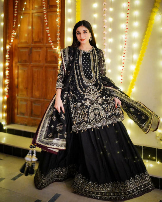 Heavy Faux Georgette With Heavy Embroidery Sequence Work & Rivet Moti Work With Elastic Palazzo Dress