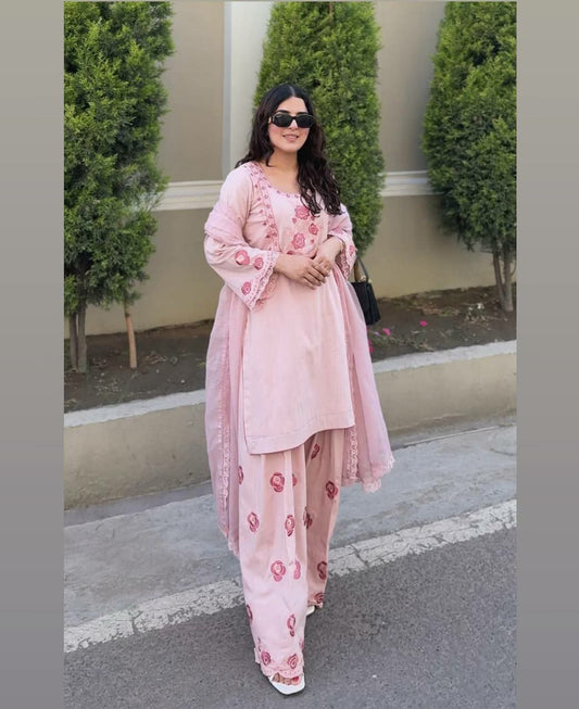 Pure Natural Crepe And Embroidery Work With Fancy Belly Sleeves And Less Border Dupatta With Elastic Farshi Palazzo Dress