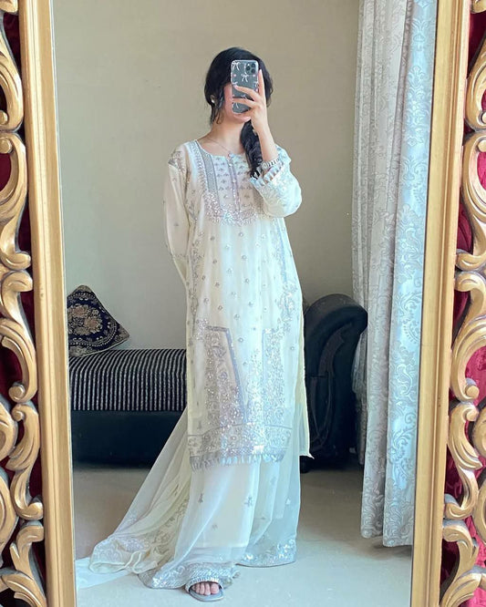 FOX GEORGETTE AND REAL HAND STONE WORK WITH SEQUENCE EMBROIDERY WORK & FANCY SLEEVE LACE WORK PALAZZA DRESS