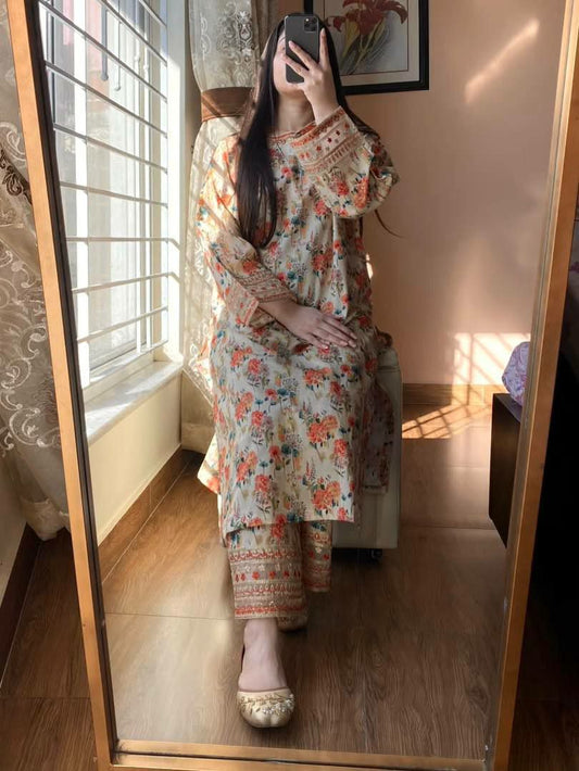 Pure Natural Roman Silk With Digital Print With Embroidery Sequence Work With Sleeves With Elastic Palazzo Dress