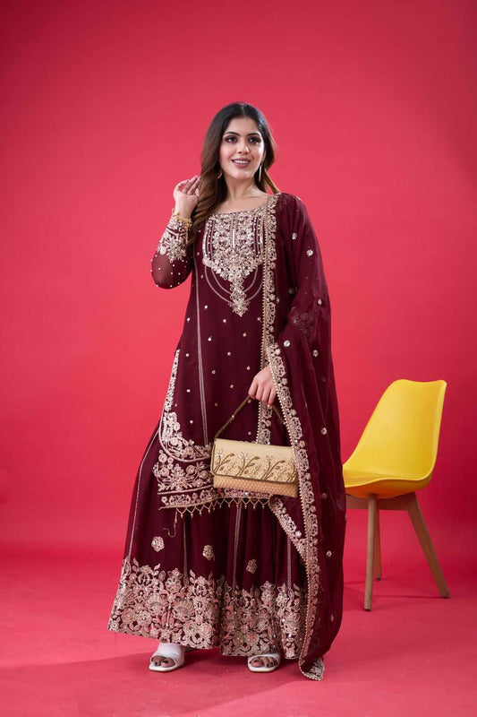 Heavy Faux Georgette With Heavy Embroidery Coding Dori-Sequence Work And Rivet Moti Work With Elastic Palazzo Dress