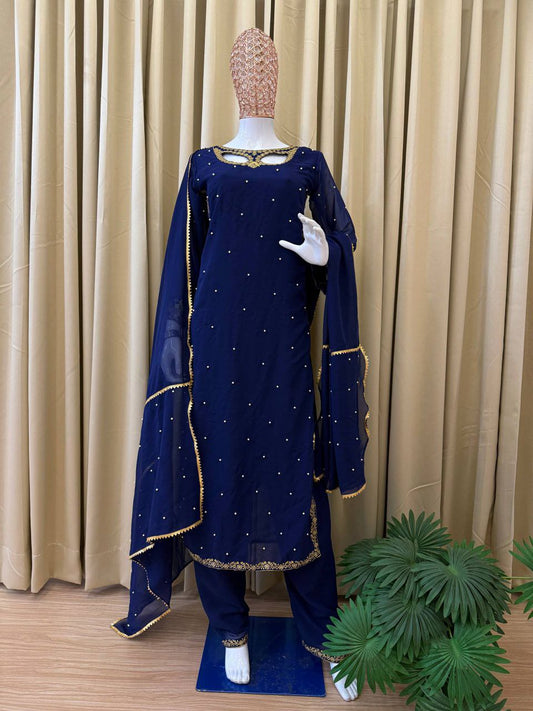 FAUX GEORGETTE WITH EMBROIDERY WORK & REAL PEARL MOTI WORK WITH ELASTIC BEL PENT TYPE KURTI