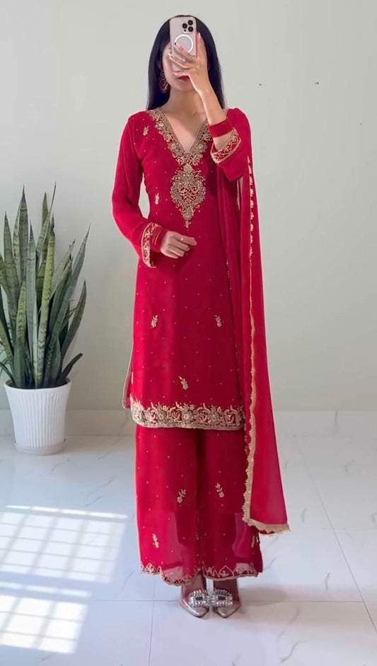 Heavy Faux Georgette With Fancy Beads And Embroidery Coding Dori-Sequence With Riveted Moti Work Palazzo Dress