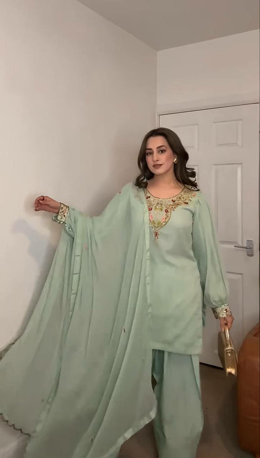 Heavy Faux Georgette And Embroidery Sequence Work With Fancy Sleeve And Cenvas Sharara Palazzo & Top