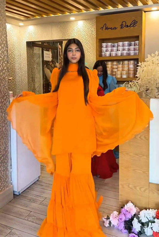 Fox Georgette With Round Neck And Less Work Top & Ruffle Work Palazzo Dress