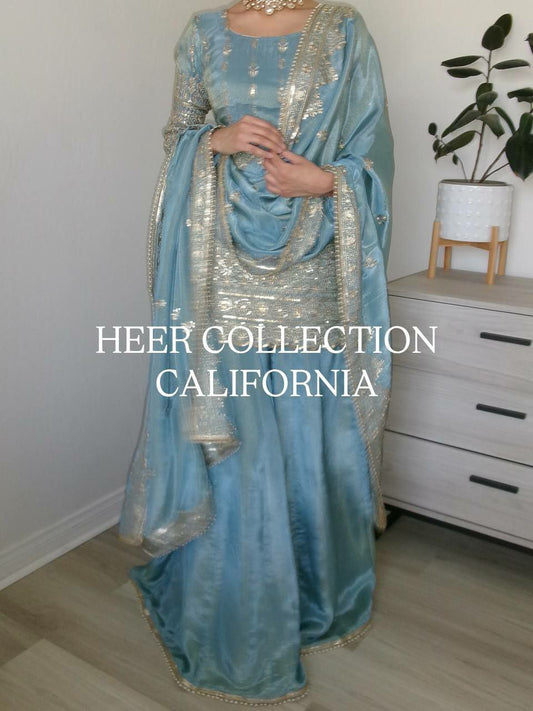 Heavy Pure Vichitra Silk And Heavy Embroidery Sequence Work With Fully Flair Sharara Dress