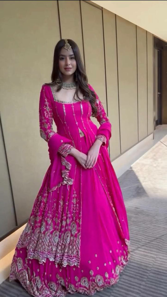 Foux Georgette And Thread With Sequence With 4-Side Lace Border Dupatta Type Lehenga