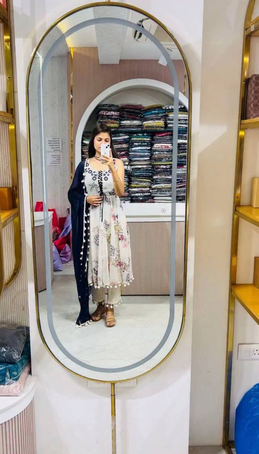 Heavy 1000 Butti Georgette With Digital Print And Mirror Work With Pom Lace Border Gown