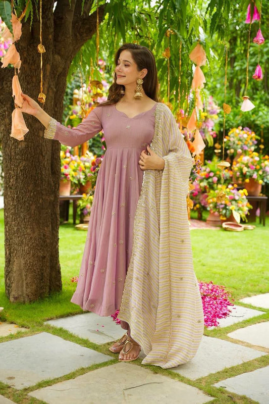 Faux Georgette With Embroidery Work And Digital Print With Elastic Bottom Gown