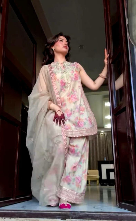Pure Sifon Georgette With Digital Print And Embroidery Sequence Work With Four Side Less Border With Elastic Farshi Palazzo Dress