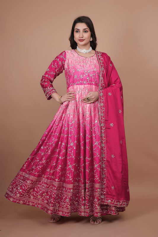 Pure Chinon Silk With Micro Cotton Inner & Embroidery And Sequins Work Gown