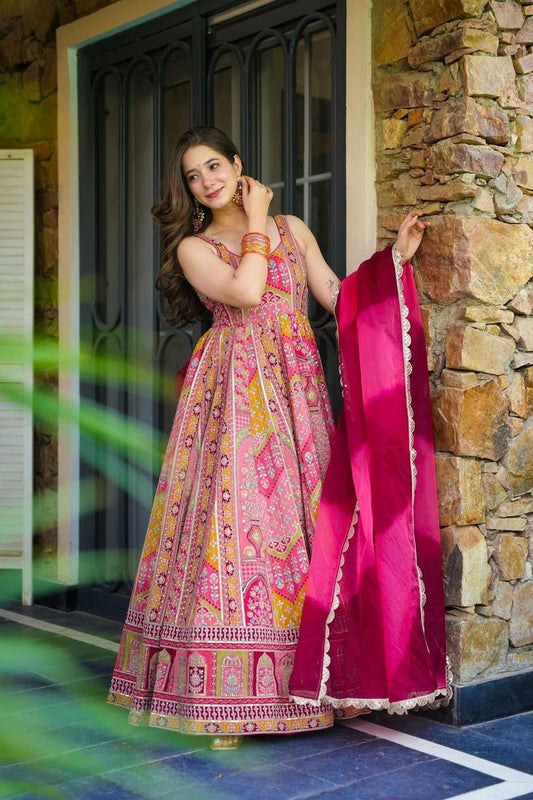 Pure Jimmy Organza Silk With Digital Printed Padded Gown And Dupatta With Designer Lace Anarkali Gown