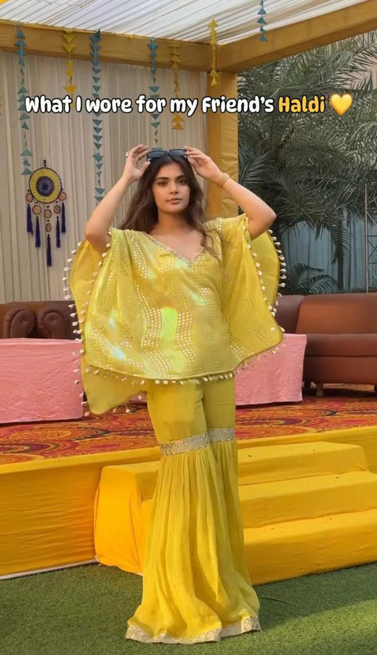 HEAVY FUAX GEORGETTE & HEAVY SOFT SILK WITH HEAVY EMBROIDERY SEQUINS WORK WITH KODI LESS SHARARA