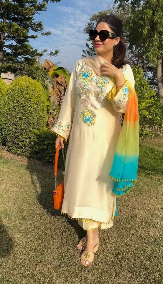 Moss Satin And Heavy Embroidery Sequence Work With Organza Silk With Digital Print Work Dupatta Palazzo Dress