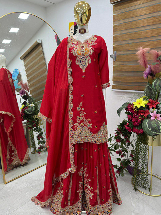 Chinon Silk With Embroidery Sequence Work And Round Neck Type Sharara Dress