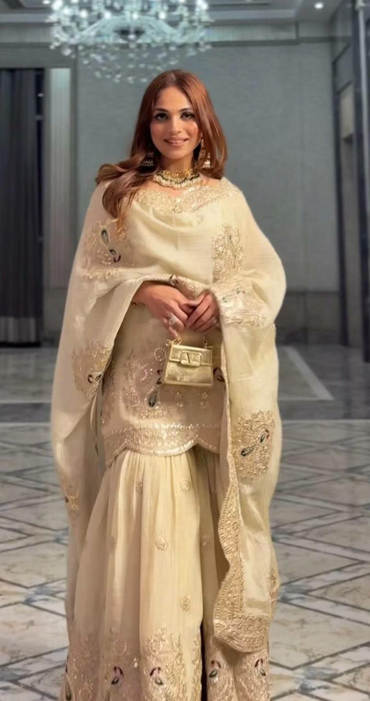 Pure Chinon Silk With Heavy Embroidery Coding Dori & Sequence Work With Elastic Palazzo Dress