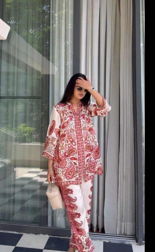 Pure Malai Satin And Digital Print With Fancy Sleeves With Elastic Palazzo Suit