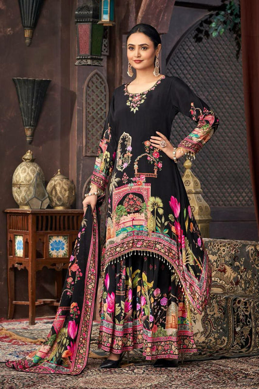 HEAVY FUAX GEORGETTE AND FANCY DIGITAL PRINT WITH REAL MIRROR & FANCY LACE AND HAND WORK TYPE PALAZZO DRESS