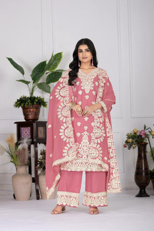 HEAVY FUAX GEORGEET AND EMBROIDERY SEQUENCES WORK WITH REAL MIRROR HAND WORK PALAZZO DRESS