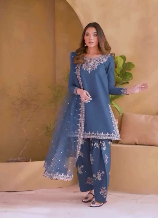 Pure Natural Crepe And Embroidery Sequence Work With Elastic And Less Border Dupatta Type Farshi Palazzo Dress