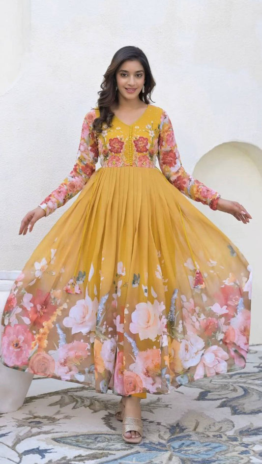 Heavy Fox Georgette With Embroidery Sequence Work & Digital Print With Fully Flair And Lace Border Dupatta Type Gown