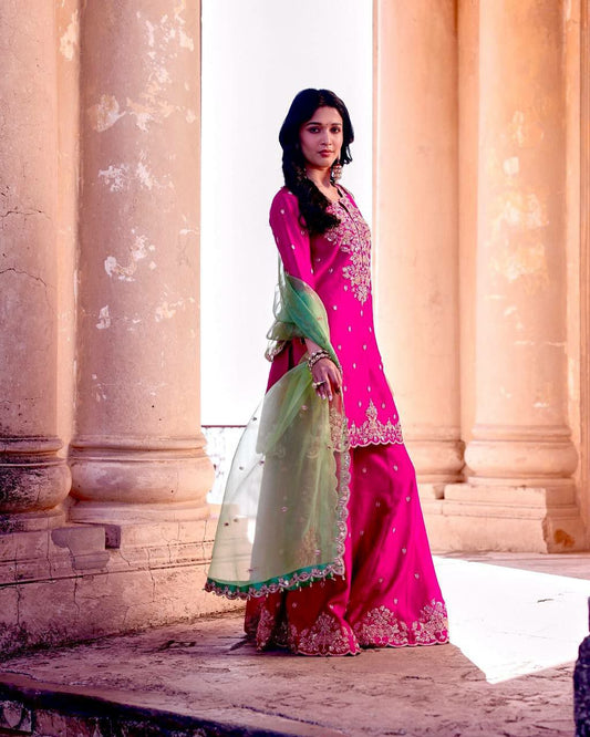 HEAVY ROMAN SILK WITH BEAUTIFUL EMBROIDERY SEQUENCE AND CODING WORK PALAZZO KURTI