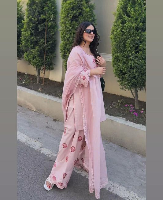 Pure Natural Crepe And Embroidery Work With Fancy Belly Sleeves And Less Border Dupatta With Elastic Farshi Palazzo Dress