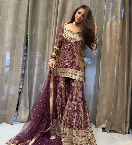 Pure Chinon Silk With Degital Print And Embroidery Sequence Work With Elastic Palazzo Dress