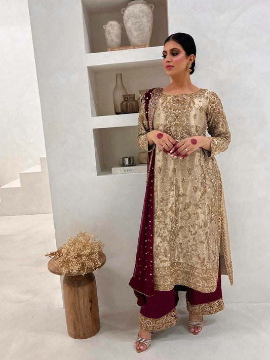 HEAVY TWO TONE FRAADY SILK WITH ATTRACTIVE & BEUTYFUL EMBROIDERY SEQUENCE WORK CONTRAST PALAZZO KURTI