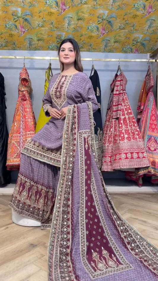 CHINON WITH DIAMOND AND MIRROR WORK & PRINTED WITH LACE AND LATKAN DUPATTA TYPE SHARARA DRESS