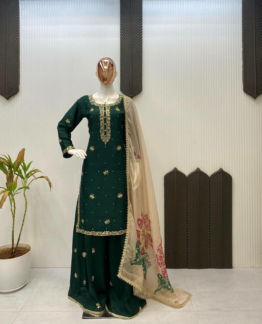 CHINON WITH SEQUENCE EMBROIDERY AND LACE WORK DUPATTA TYPE PALAZZO DRESS