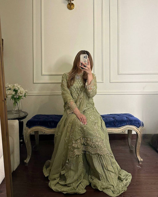 Heavy Faux Georgette With Heavy Embroidery Sequence Work And Rivet Moti Work With Elastic Palazzo Dress