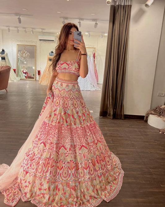 Premium Georgette With Whiscos Thread Embroidery Work With Beautiful Heavy Sequins Work & Foil Mirror Work With Heavy Cancan And Canvas Lehenga Choli